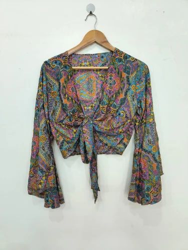 Printed Crop Top with Bell Sleeves Front tie