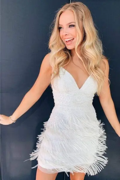 Sparkly Beaded Embroidery Organza A-Line White Evening Dress with Fringes